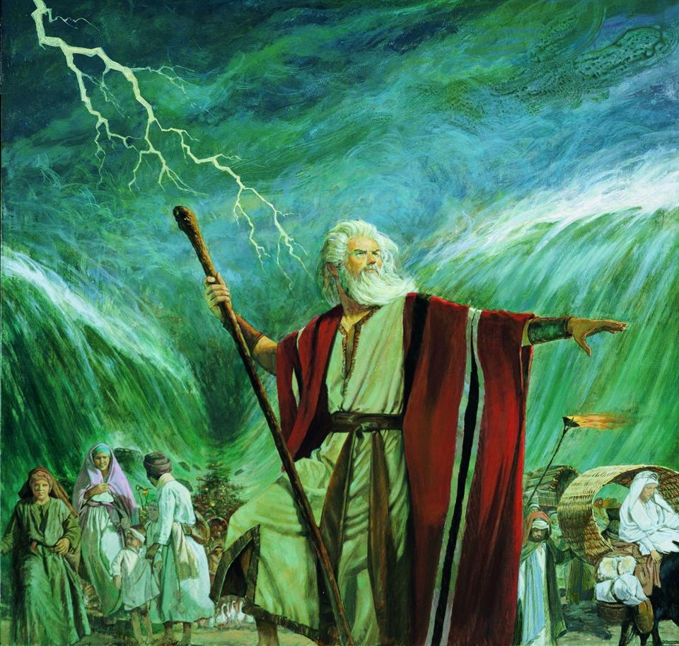 Painting of Moses with his staff raised, parting the Red Sea as the Israelites follow