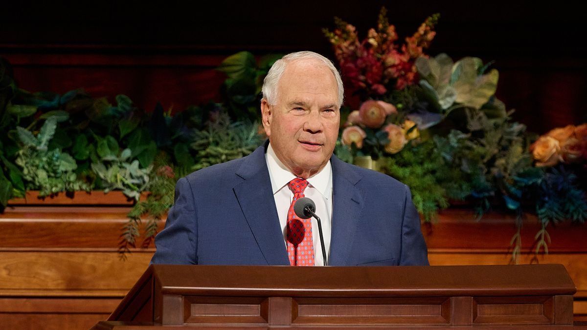 Elder Ronald A. Rasband speaking at the general conference pulpit