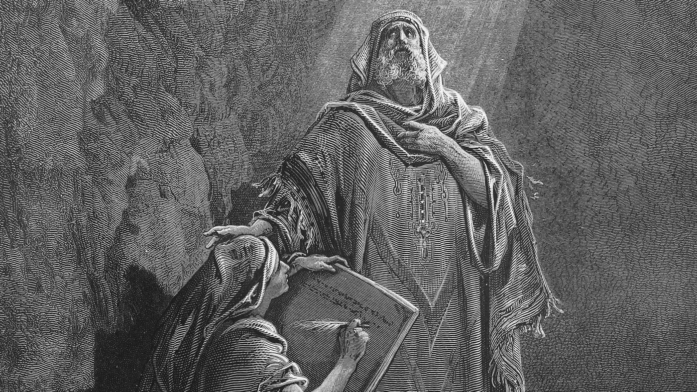 Gustave Doré engraving of Baruch writing Jeremiah's prophecies as Jeremiah speaks