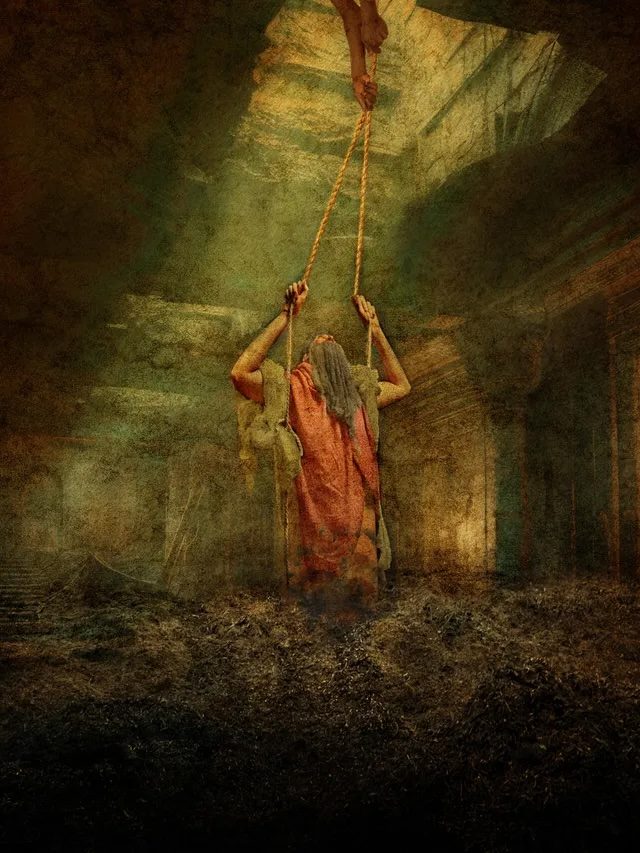 Painting of Jeremiah being lifted out of a dark pit by ropes