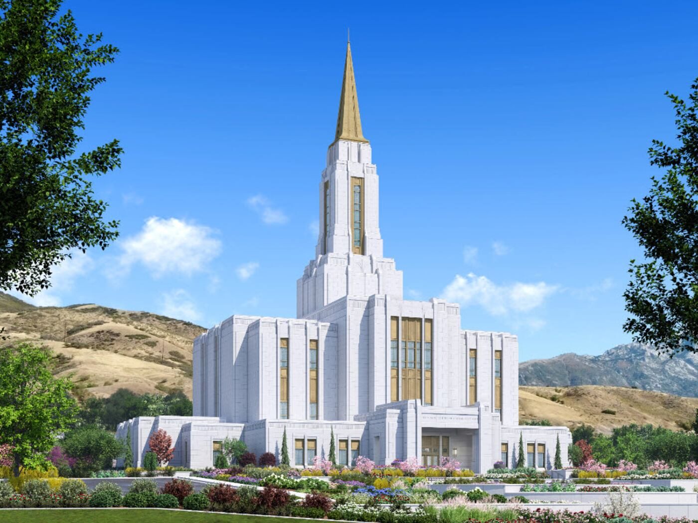 Architectural rendering of the white Lehi Utah Temple with a tall spire