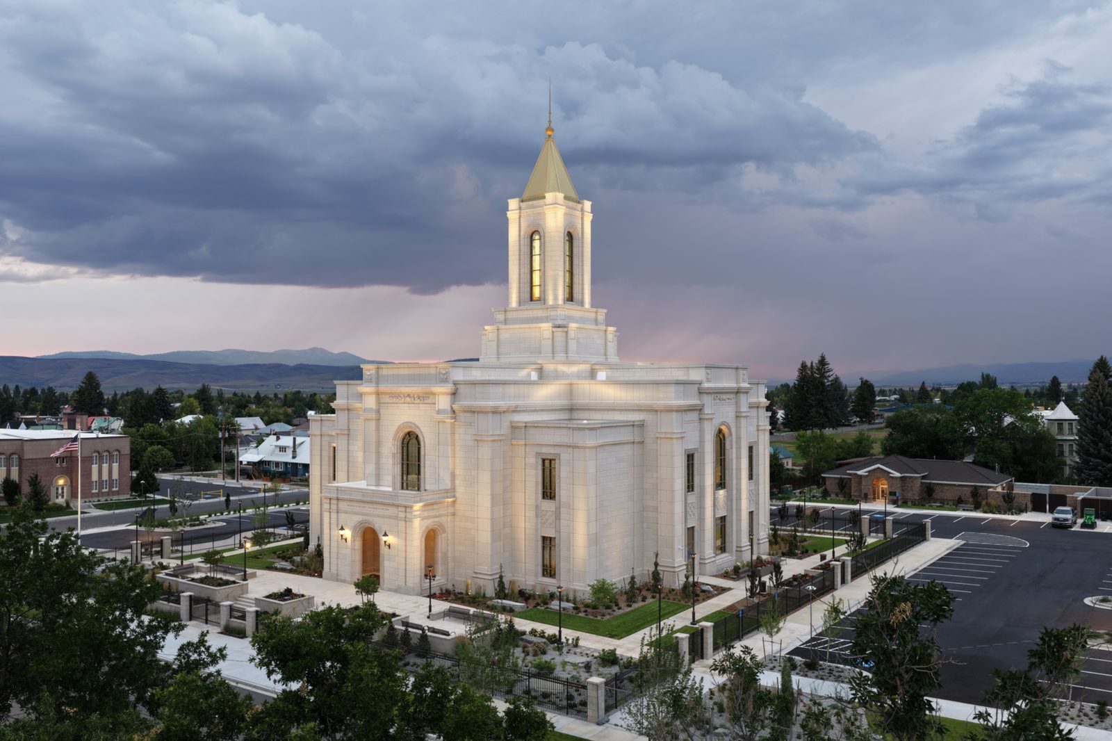 Aerial view of the Montpelier Idaho Temple at dusk