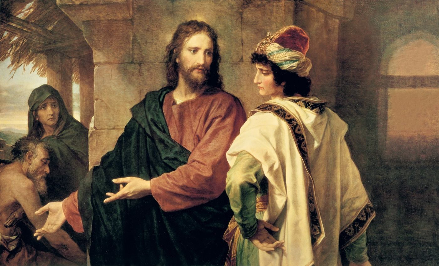 Painting of Jesus gesturing toward the poor as a richly dressed young man turns away