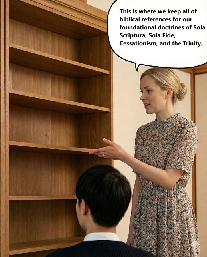 A woman gestures to an empty bookshelf while a seated man looks on. Speech bubble: "This is where we keep all of biblical references for our foundational doctrines of Sola Scriptura, Sola Fide, Cessationism, and the Trinity."